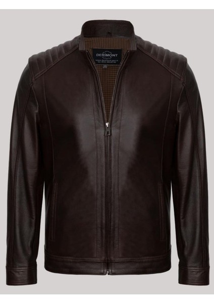 Hakiki Kuzu Derisi Kahverengi Omuzdan Düz Çizgili Fermuarlı Erkek Deri Mont