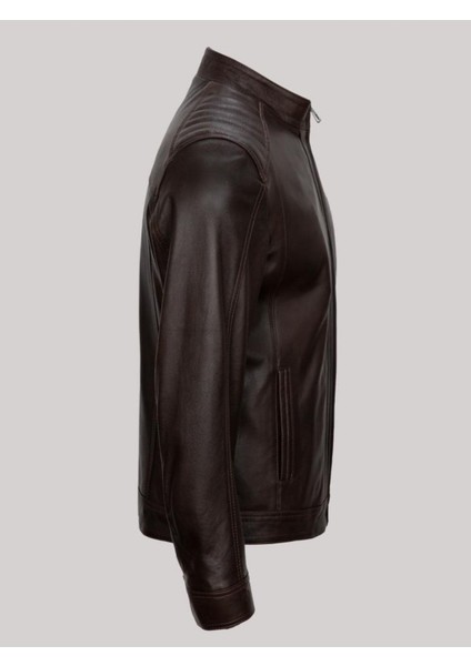 Hakiki Kuzu Derisi Kahverengi Omuzdan Düz Çizgili Fermuarlı Erkek Deri Mont modelleri