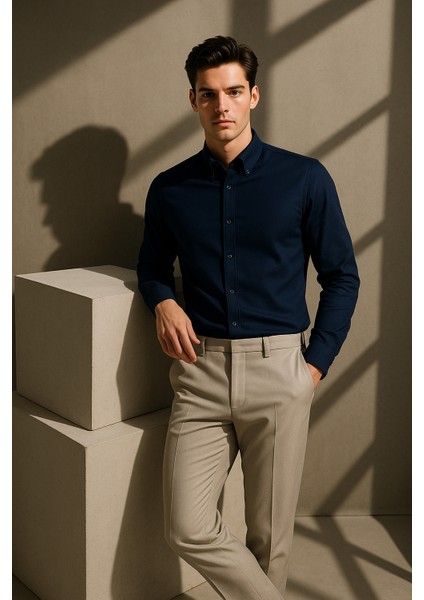 Erkek Lacivert Oxford Düğmeli Yaka Pamuk Likra Slim Fit Casual Cepsiz Gömlek fiyatları