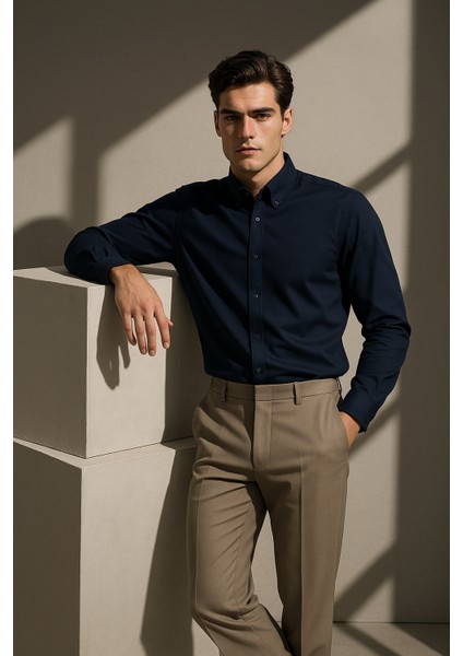 Erkek Lacivert Oxford Düğmeli Yaka Pamuk Likra Slim Fit Casual Cepsiz Gömlek modelleri