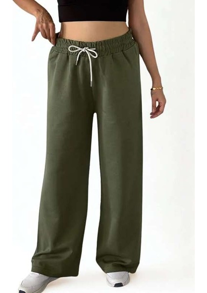 Double Face Bol Paça Bayan Eşofman Haki Renk