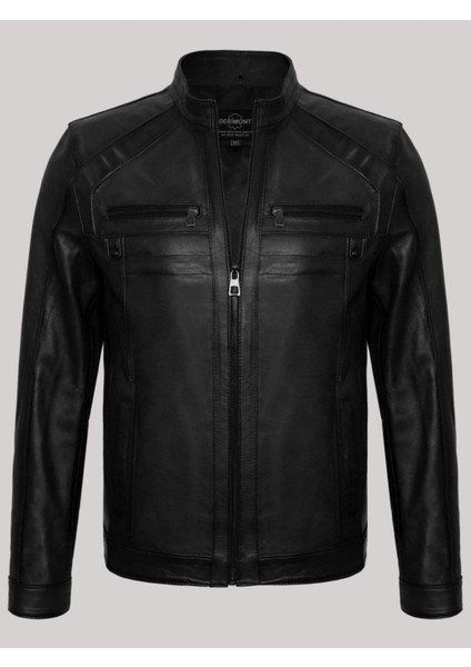 Hakiki Kuzu Derisi Siyah Erkek Deri Mont Dik Yaka Leon Deri Ceket