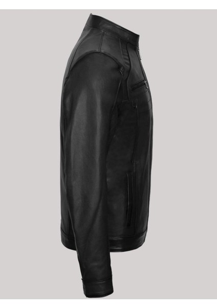 Hakiki Kuzu Derisi Siyah Erkek Deri Mont Dik Yaka Leon Deri Ceket modelleri