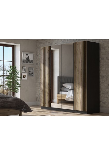 Hunerika Pamplona Zebra Desen 4 Kapaklı Premium Gardırop- Minifiks - Siyah/atlantik Çam