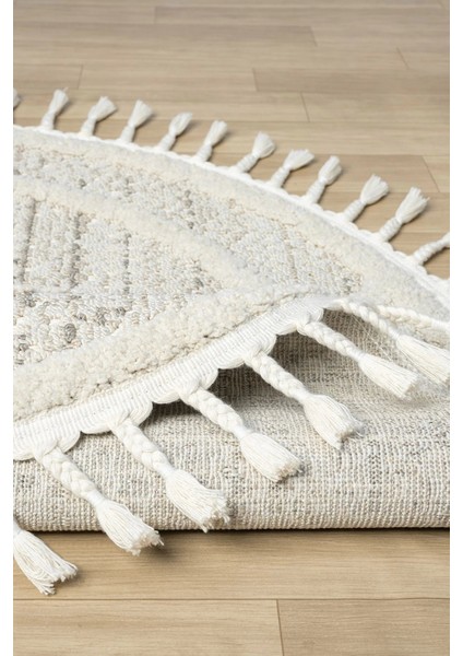 Krem Gri Yuvarlak Halı Püsküllü Dokuma Halı Yolluk Antre Oturma Odası Salon Mutfak Halısı Yuvarlak indirimleri