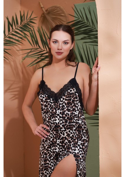 Kadın Leopar Desenli Ip Askılı Dantel Yaka Yırtmaçlı Uzun Gecelik indirimleri