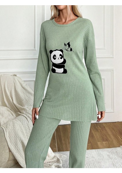 Mint Panda Nakışlı Bisiklet Yaka Boru Paça Fitilli Kaşkorse Ikili Takım