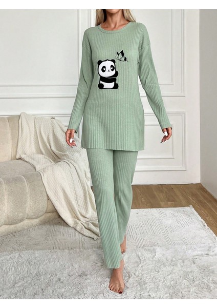 Mint Panda Nakışlı Bisiklet Yaka Boru Paça Fitilli Kaşkorse Ikili Takım fiyatları