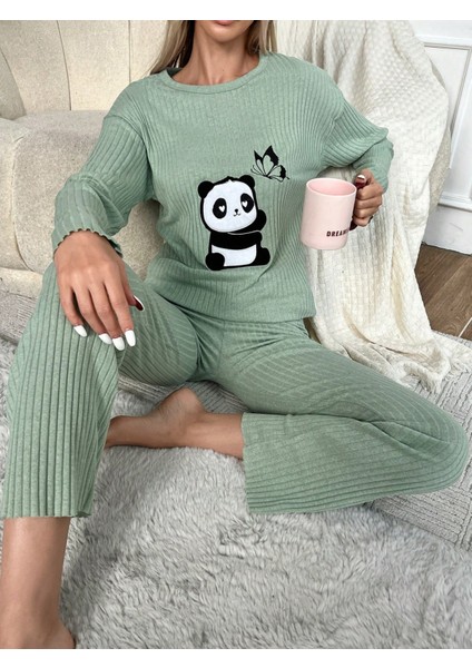 Mint Panda Nakışlı Bisiklet Yaka Boru Paça Fitilli Kaşkorse Ikili Takım fırsatları