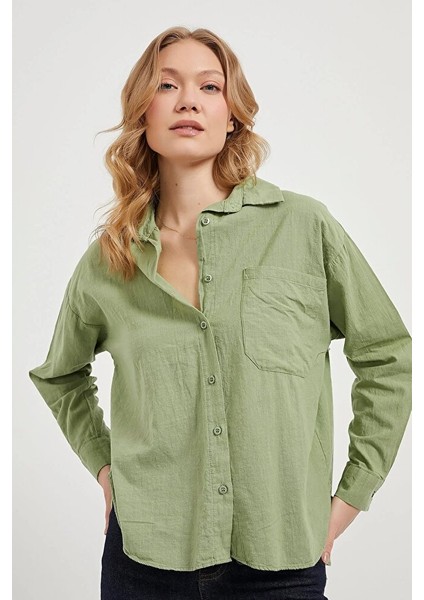 Kadın Cepli Flamlı Oversize Uzun Kol Müslin Keten Gömlek