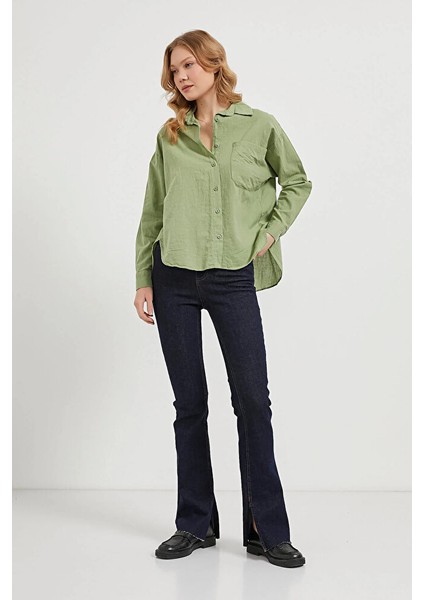 Kadın Cepli Flamlı Oversize Uzun Kol Müslin Keten Gömlek fiyatları