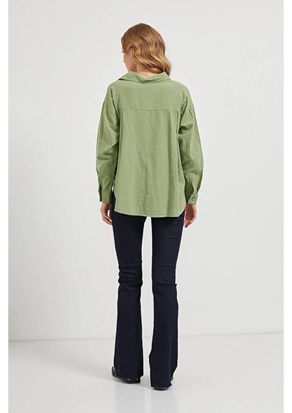 Kadın Cepli Flamlı Oversize Uzun Kol Müslin Keten Gömlek modelleri
