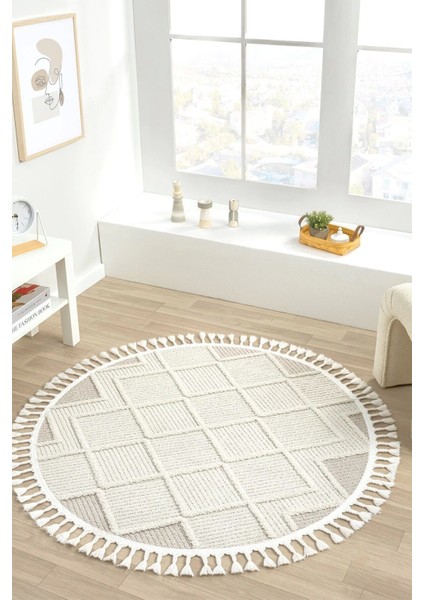 Krem Bej Yuvarlak Saçaklı Dokuma Halı Yolluk Antre Oturma Odası Salon Mutfak Halısı Yuvarlak