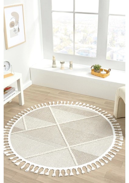 Bej Krem Dokuma Yuvarlak Halı Yolluk Antre Oturma Odası Salon Mutfak Çocuk Odası Halısı Yuvarlak