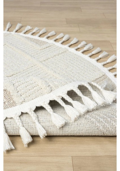 Krem Bej Yuvarlak Saçaklı Dokuma Halı Yolluk Antre Oturma Odası Salon Mutfak Halısı Yuvarlak indirimleri