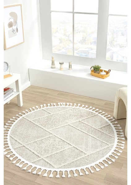 Krem Bej Yuvarlak Dokuma Halı Yolluk Antre Oturma Odası Salon Mutfak Halısı Yuvarlak