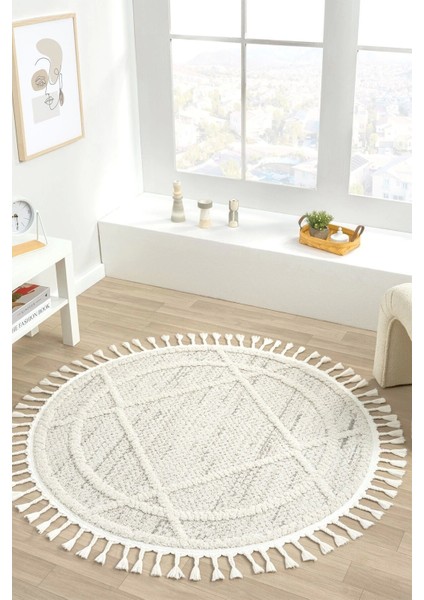 Krem Gri Yuvarlak Halı Püsküllü Dokuma Halı Yolluk Antre Oturma Odası Salon Mutfak Halısı Yuvarlak