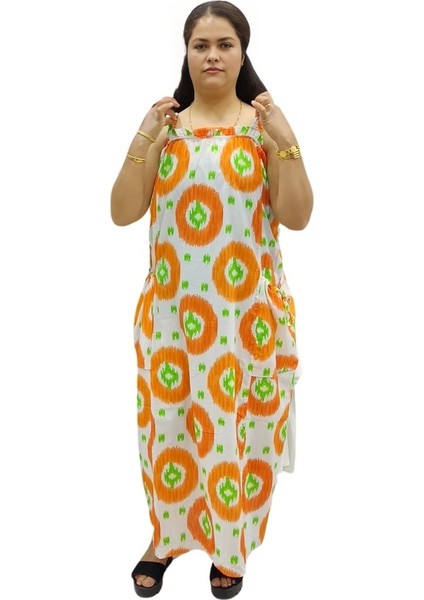 Kalın Askılı Desenli Kare Yaka Torba Cepli Maksi Boy Keten Elbise