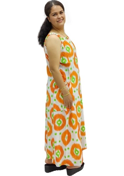 Kalın Askılı Desenli Kare Yaka Torba Cepli Maksi Boy Keten Elbise modelleri