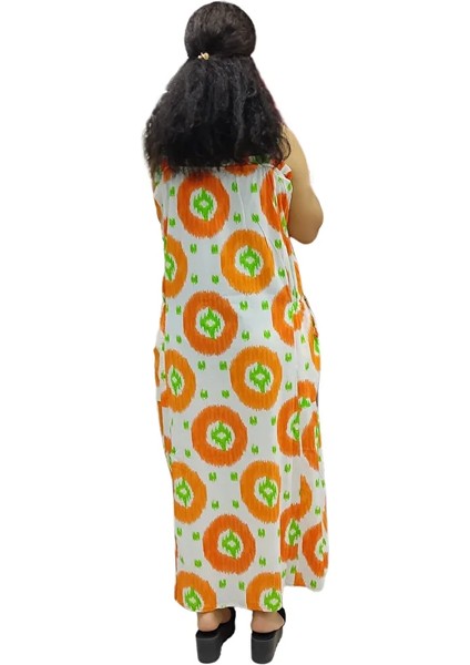 Kalın Askılı Desenli Kare Yaka Torba Cepli Maksi Boy Keten Elbise fırsatları