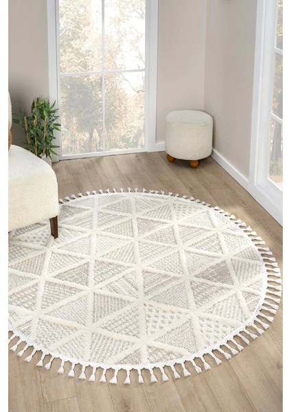 Beyaz Bej Yumuşak Yuvarlak Yıkanabilir Dokuma Halı Çocuk Odası Oturma Odası Salon Halısı Yuvarlak