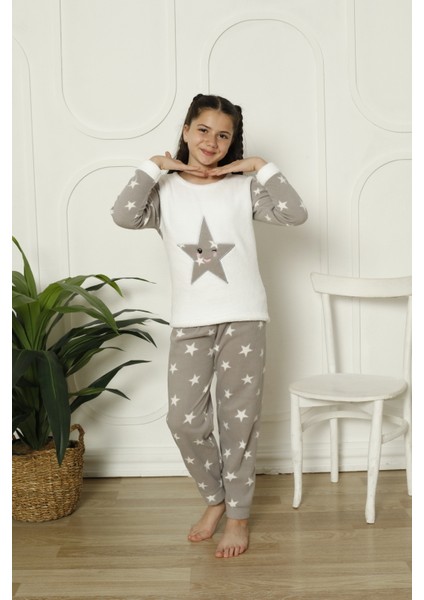 Kız Çocuk Beyaz Peluş Alt Yıldızlı Yumoş Kışık Sıcak Tutan Kumaş Pijama Takımı fiyatları