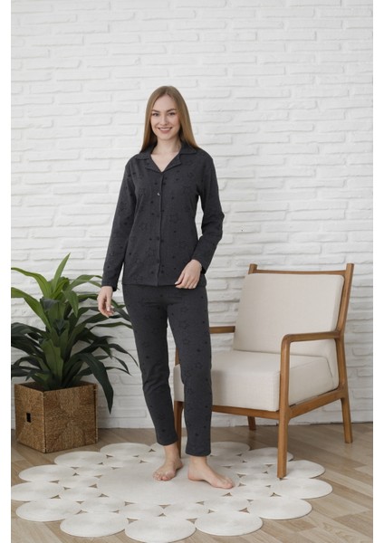 Kadın Uzun Kol Düğmeli Mevsimlik Penye Pijama Takım