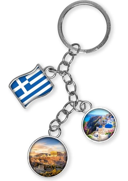 Yunanistan Üçlü Epoksi Metal Çift Taraflı Damla Anahtarlık Greece