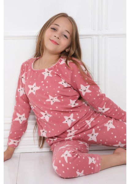 Yıldız Desenli Kız Çocuk Pijama Takım Kışlık Yumuşacık Polar Sıcak Tutan Kumaş