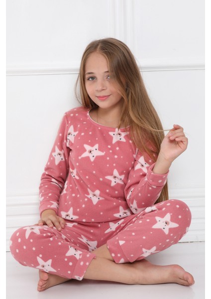 Yıldız Desenli Kız Çocuk Pijama Takım Kışlık Yumuşacık Polar Sıcak Tutan Kumaş
