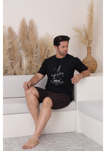 Erkek Rahat Pamuklu Yazlık Penye Siyah Alt Ekoseli Kaprili Pijama Takım Yeni Ürün modelleri