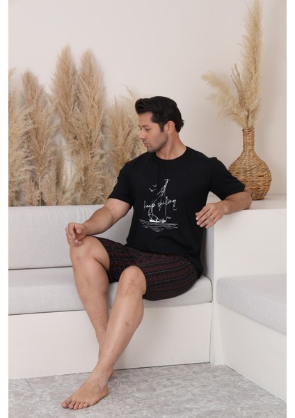 Erkek Rahat Pamuklu Yazlık Penye Siyah Alt Ekoseli Kaprili Pijama Takım Yeni Ürün indirimleri