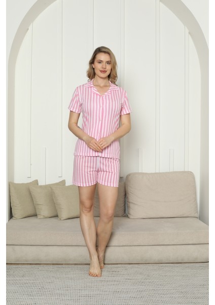 Yeni Sezon Kısa Kol Düğmeli Şortlu Yazlık Kadın Pijama Takımı