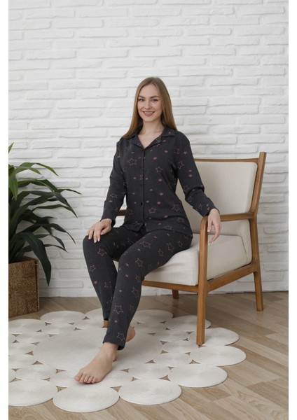 Uzunkol Düğmeli Penye Pijama Takımı Kalpli modelleri