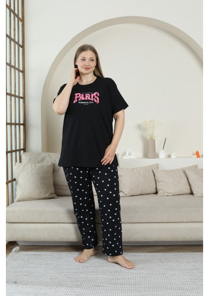 Pamuklu Büyük Beden Pijama Takımı Paris Baskılı Alt Kalpli fiyatları
