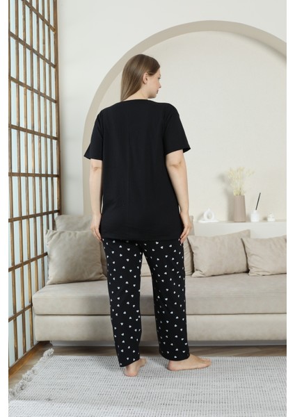 Pamuklu Büyük Beden Pijama Takımı Paris Baskılı Alt Kalpli modelleri