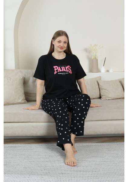 Pamuklu Büyük Beden Pijama Takımı Paris Baskılı Alt Kalpli fırsatları