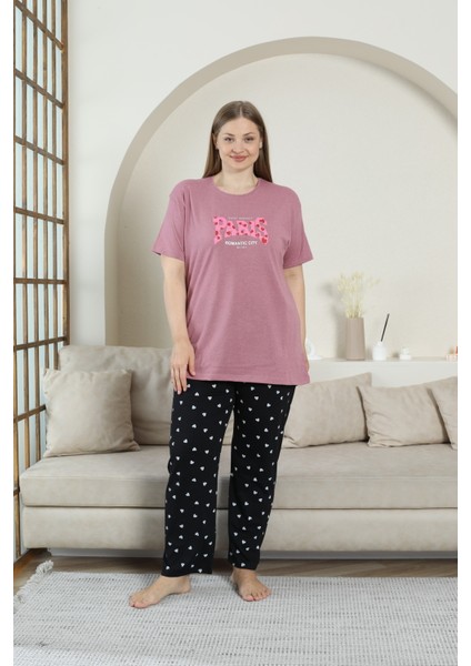 Pamuklu Büyük Beden Pijama Takımı Paris Baskılı Alt Kalpli