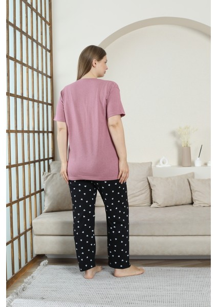 Pamuklu Büyük Beden Pijama Takımı Paris Baskılı Alt Kalpli modelleri