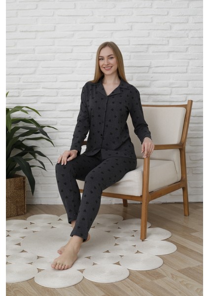 Uzunkol Düğmeli Penye Pijama Takımı Kalpli fiyatları