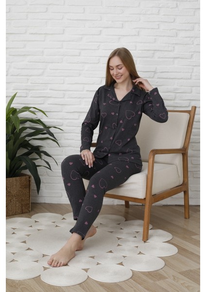 Uzunkol Düğmeli Penye Pijama Takımı Kalpli fırsatları