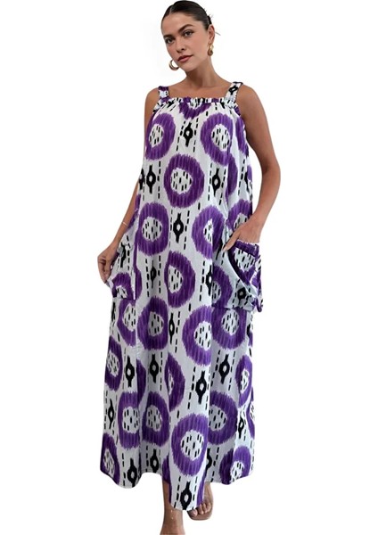 Kalın Askılı Desenli Kare Yaka Torba Cepli Maksi Boy Keten Elbise