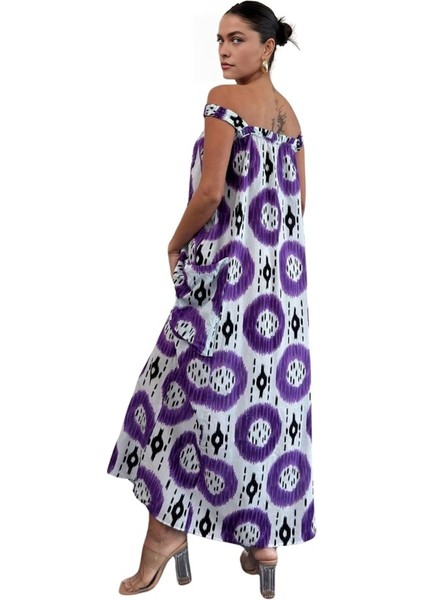 Kalın Askılı Desenli Kare Yaka Torba Cepli Maksi Boy Keten Elbise fiyatları