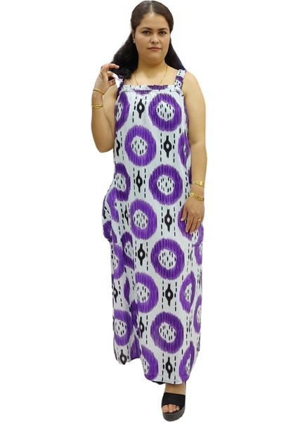 Kalın Askılı Desenli Kare Yaka Torba Cepli Maksi Boy Keten Elbise modelleri