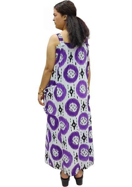 Kalın Askılı Desenli Kare Yaka Torba Cepli Maksi Boy Keten Elbise fırsatları