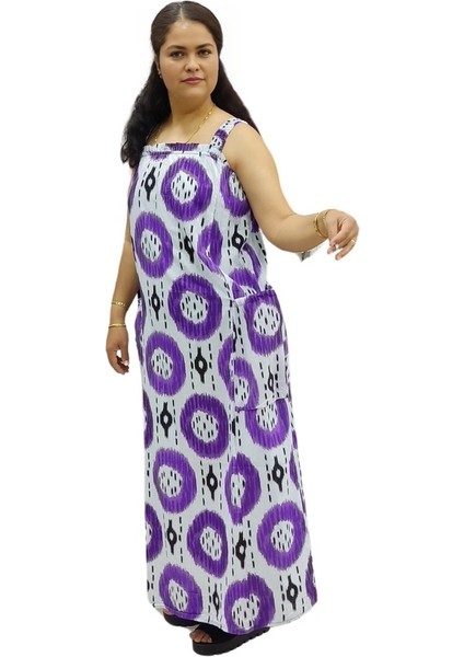 Kalın Askılı Desenli Kare Yaka Torba Cepli Maksi Boy Keten Elbise indirimleri