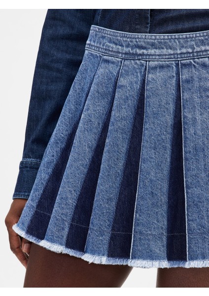 Kadın Koyu Mavi Pileli Denim Mini Etek fırsatları