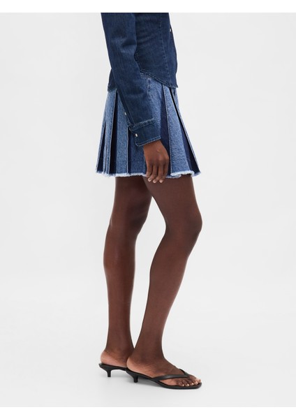 Kadın Koyu Mavi Pileli Denim Mini Etek indirimleri