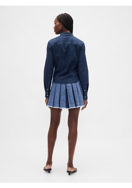 Kadın Koyu Mavi Pileli Denim Mini Etek