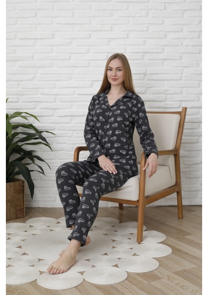 Uzunkol Düğmeli Penye Pijama Takımı Kalpli modelleri